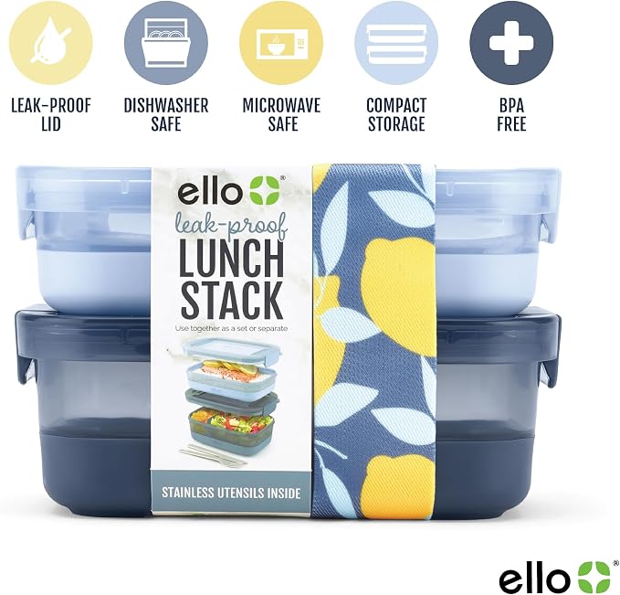 Ello Lunch Stack Bento Box Plastic Food Containers, 2 Pack, Blueberry | Leakproof bento box food containers, 2 pack. BPA-free, great for meal prepping, school & office lunches, and leftovers.