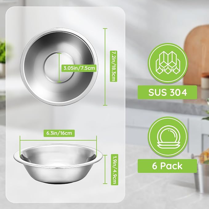 304(18/8) Stainless Steel Mixing Bowls for Kitchen, 6 Pack 7" 21.22 fl.oz Metal Mixing Bowls Set Stackable for Baking Serving Cooking Food Prep Storage Dishwasher Safe Heavy Duty