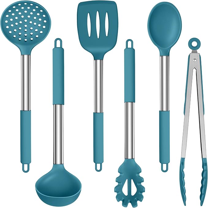 LIANYU Silicone Kitchen Utensils, 6 Pcs Cooking Utensils Spatula Set, Blue | Slotted Turner, Spoon, Soup Ladle, Pasta Server, Skimmer, Tongs for Nonstick Cookware, Heat Resistant, Stainless Steel Handle