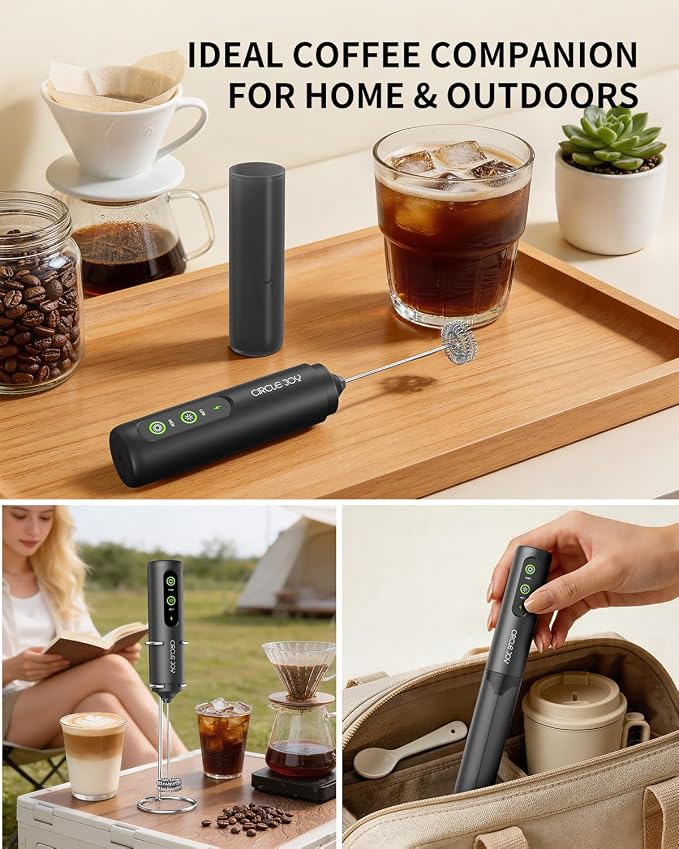 CIRCLE JOY Rechargeable 2-Speed Handheld Milk Frother with Stand, Dual Spring Whisk Electric Foamer, Portable & Detachable Coffee Frother Wand, Drink Mixer for Lattes, Macchiato, Hot Chocolate, Black