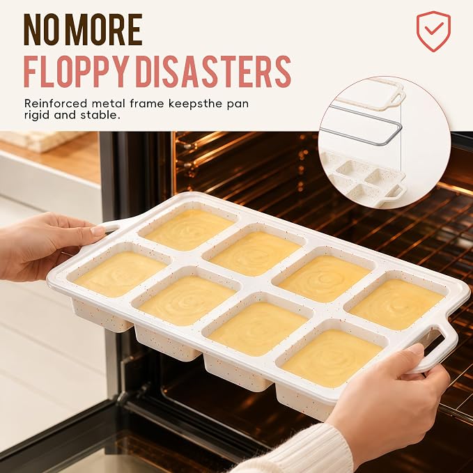 Vinino Mini Silicone Loaf Pans with Metal Reinforced Frame, 8-Cavity, Cream | Non-Stick Easy Release Heat Resistant Bakeware, Reusable Small Mini Banana Bread & Cake Baking Pans for Daily Baking