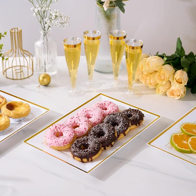 FOCUSLINE 8 PCS Plastic Serving Trays for Party, White Gold Rim Platters | Durable Construction, Elegant Appearance, Disposable and Reusable, Ideal for Parties, Weddings, Catering, Desserts