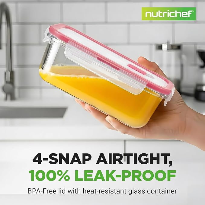 Nutrichef 10-Piece Glass Food Containers - Stackable Superior Glass Meal-prep Storage Containers, Newly Innovated Leakproof Locking Lids w/Air Hole, Freezer-to-Oven-Safe (Red)