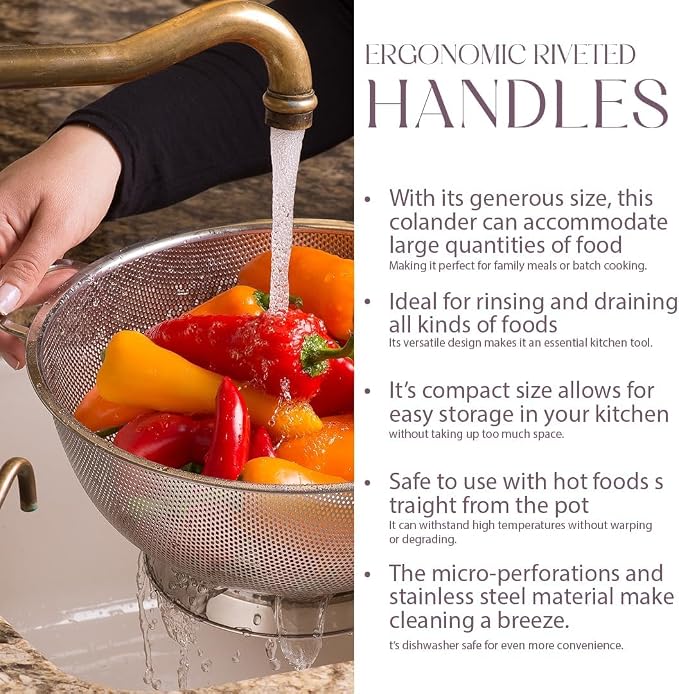 Bellemain Stainless Steel Colander for Kitchen, 5 Qt Pasta & Rice Strainer | Durable Highest Grade Premium Steel, Dishwasher Safe and Odor resistant Food Strainer, Lightweight Looped Handles