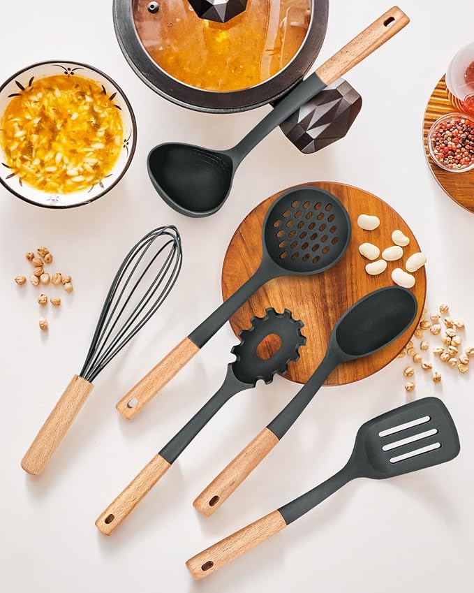 13PCS Silicone Kitchen Utensils Set for Nonstick Cookware, Grey | Food Grade, Heat Resistant Kitchen Utensil Spatula Set, Wooden Handles Kitchen Gadgets Tools Set