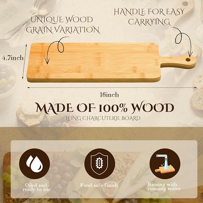 Nuenen 10 Pcs Wood Cutting Board with Handle 16.1 x 4.7 Inch Acacia Bamboo Wooden Serving Kitchen Chopping Boards for Pizza, Bread, Cheese, Charcuterie, Fruit, Vegetables(Narrow Bamboo)