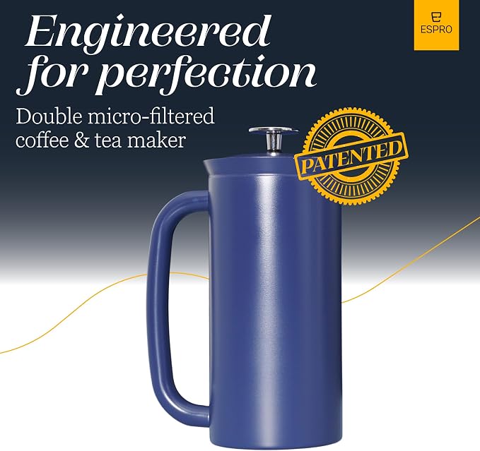 ESPRO P7 French Press, 18oz, Aegean Blue, Stainless Steel Coffee Maker | Double Filter Coffee Press, Grit-Free Coffee, Heat Resistant Insulated tea Press, Easy Hot and Cold Coffee Brewer, Tea Brewer