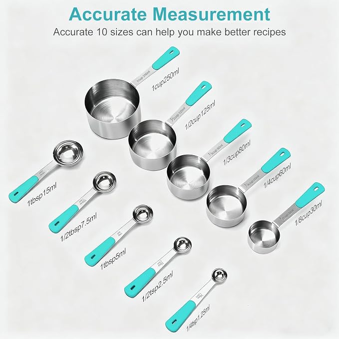 Bopei Measuring Cups and Spoons Set Stainless Steel 10 Piece for Cooking and Baking (5 Cups + 5 Spoons, Aqua Sky Handle)