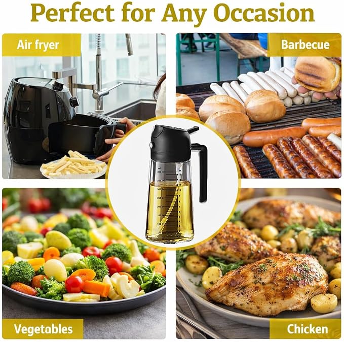 16oz/470ml Glass Olive Oil Sprayer for Cooking, 2 in 1 Oil Dispenser for Kitchen Gadgets, Food Grade Premium Spray Bottle with Portion Control for Salad, Frying