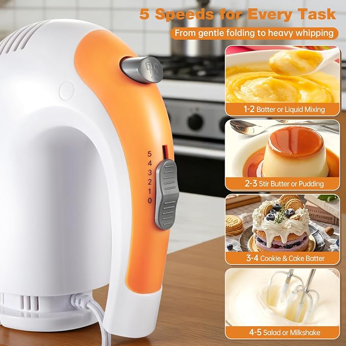 300W 5-Speed Hand Mixer with 3 Bowls & Accessories for Baking | Complete Kitchen Cake Mixer Includes Paddle, Dough Hook, Whisk, Measuring Cups & Spoons – Nesting Bowls Space-Saving Design