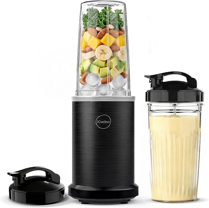 iCucina Smoothie Blender, 1000W Personal Blender for Shakes and Smoothies with 2 x 32oz Protable Cups and Lids, Single Serve Blenders for Ice Crushing, Bean Grinding, Frozen Fruit Drinks, Black