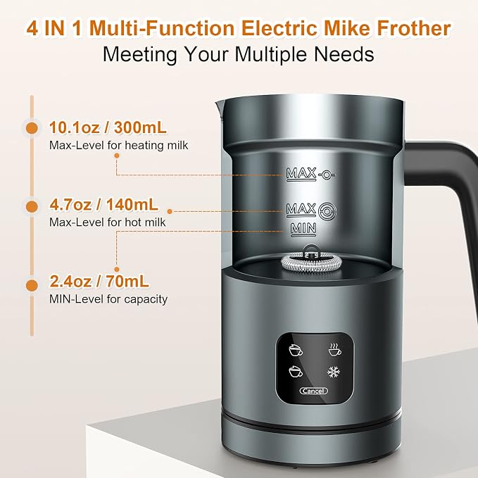 Milk Frother Electric, 4 IN 1 Warm and Cold Milk Steamer for Coffee Latte | Automatic Cold and Hot Foam, Stainless Steel, Foam Maker with Touch Screen for Macchiato, Cappuccino, Hot Chocolate