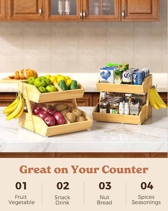 2-Tier Bamboo Fruit Basket with 2 Banana Holders | Large tiered organizer for bread, snacks, veggies. Sturdy bamboo, includes mats & dividers. Easy to assemble.