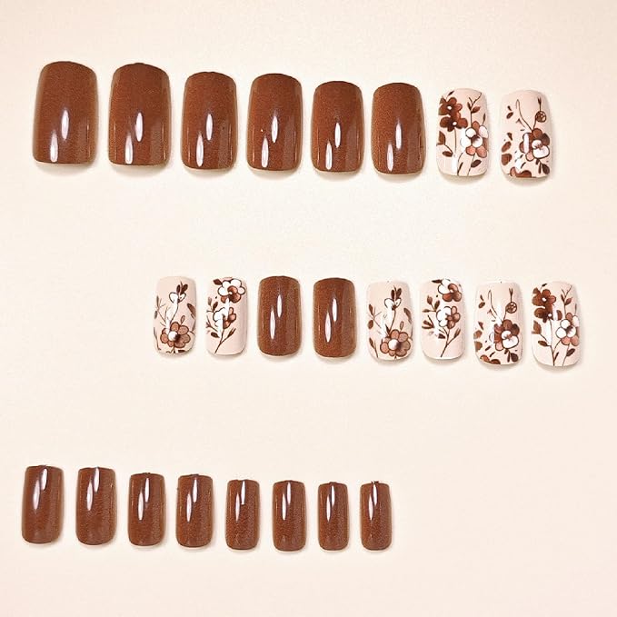 Fall Press on Nails Medium Square Fake Nails with Flower Full Cover Designs Nails Press ons Brown Glue on Nails Glossy Stick on Nails for Women 24 Pcs