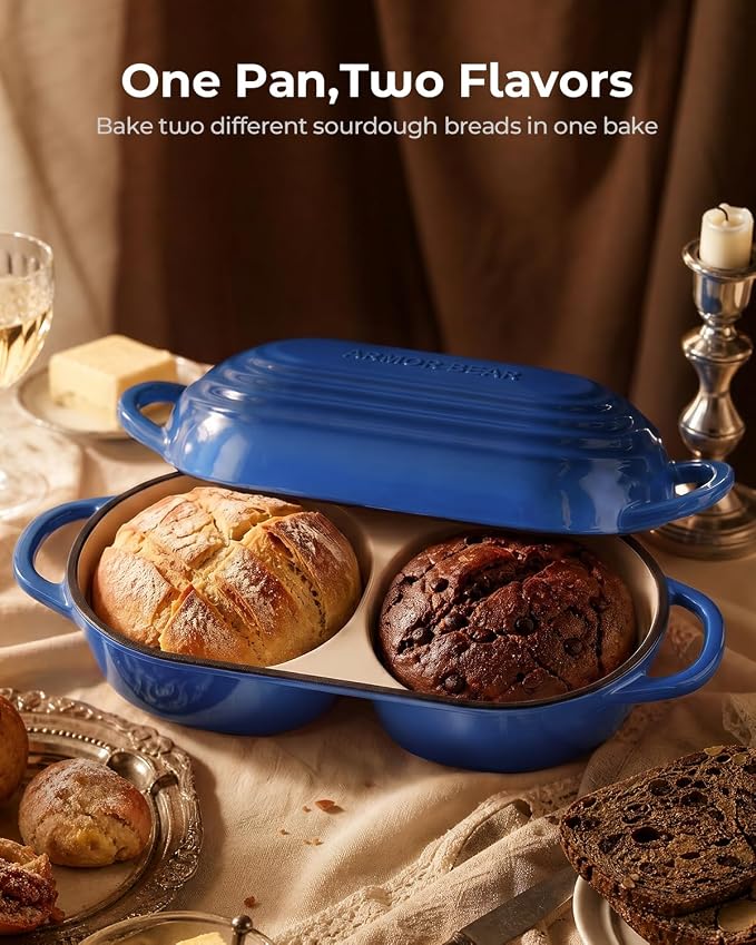 Mini Double Dutch Oven for Sourdough, Enameled Cast Iron Bread Pan, Blue | Double Loaf Bread Pan with Lid, Mini Sourdough Dutch Oven for Bread Baking