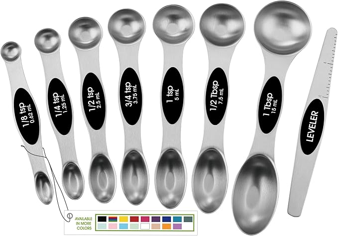 Spring Chef Stainless Steel Magnetic Measuring Spoons Set of 8, Black | Dual Sided Metal Teaspoon & Tablespoon Measuring Spoons with Leveler for Dry & Liquid Ingredients, Nesting, Dishwasher Safe