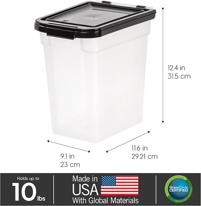 IRIS USA Dog Food Storage Container, Up to 10 lbs, Clear/Black, Made in USA | BPA-Free, Airtight Seal, Best for Cat Food, Bird Seed, Chicken Feed, Pet Toys, Treats, Pellets