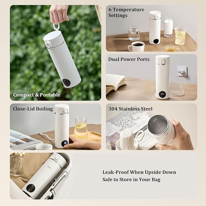 Portable Electric Travel Kettle, 500ml Portable Kettle with USB-C, Mini Travel Hot Water Boiler with Carry Handle & 6 Adjustable Temperature Settings, Dual Power Modes for Home Car Camping