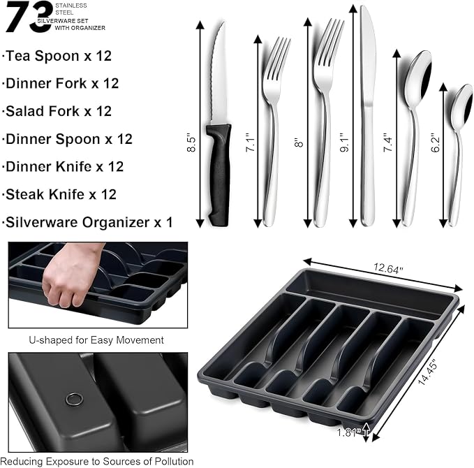 Pleafind 73-Piece Silverware Set with Organizer - Heavy Duty Stainless Steel Flatware Set Service for 12, Cutlery Utensil Sets with Steak Knives, Tableware Set for Home Restaurant, Dishwasher Safe
