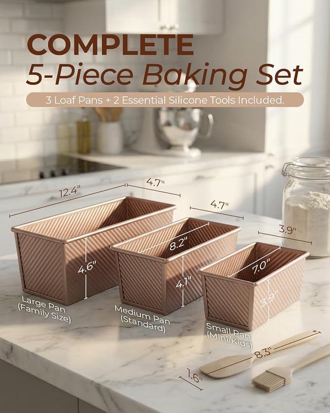 CARTMAN 3-Piece Pullman Loaf Pan with Lid, 2.2/1/0.8 LB Bread Pan, Gold | Includes 2.2/1/0.8 LB sizes & silicone tools, bottom vents, nonstick carbon steel, nesting storage, for bread & brownies