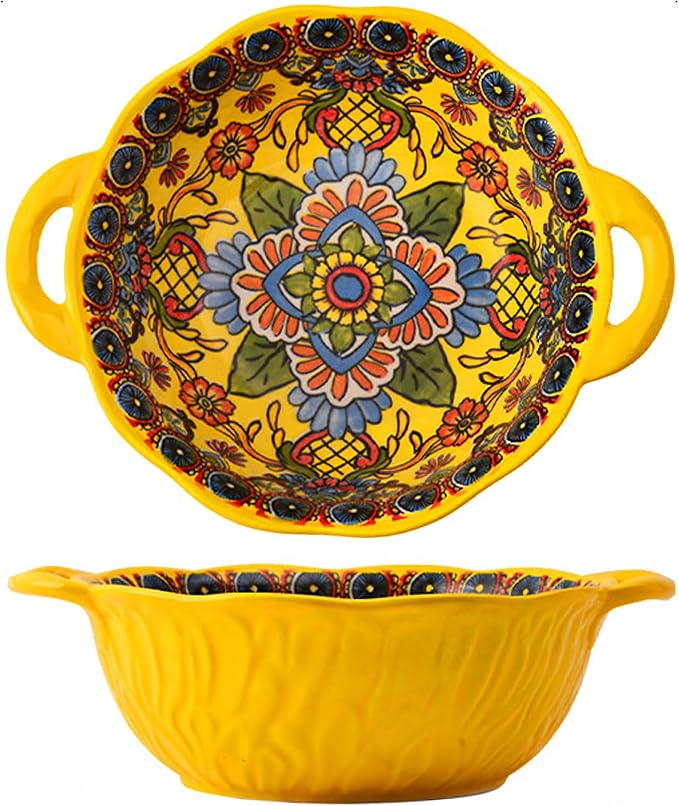 2 Pack Boho Ceramic Serving Bowls with Handles, 40 Oz Porcelain Salad Bowls, Large Serving Dishes for Entertaining, Mixing Bowls for Soup, Stew, Pasta, Cereal, Colorful Embossed Cute Bowls Set HH