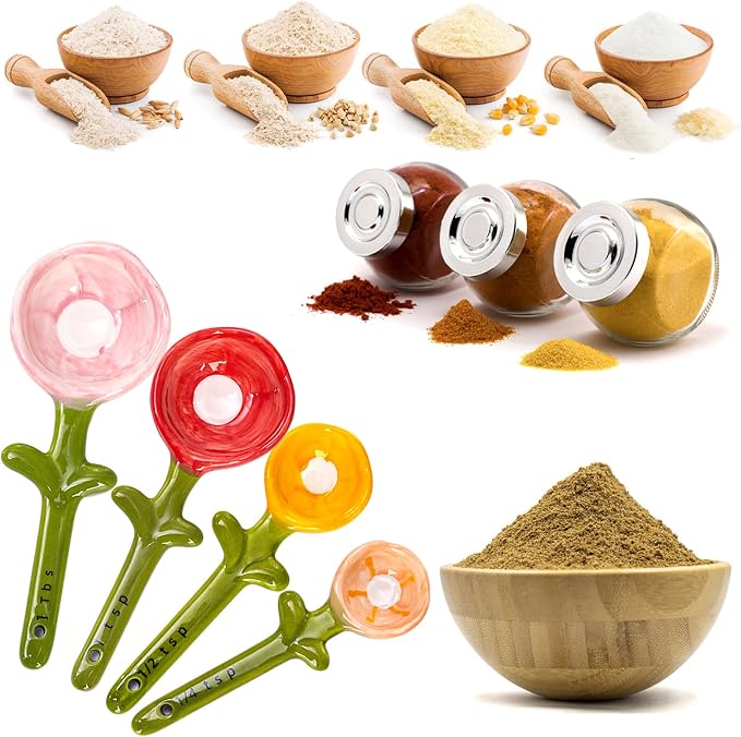 Coloch 5Pcs Ceramic Measuring Spoons and Cup, Flower Baking Scale Spoons with Base Set for Dry and Liquid Ingredient, 1/4 tsp, 1/2 tsp, 1 tsp, 1 Tbsp