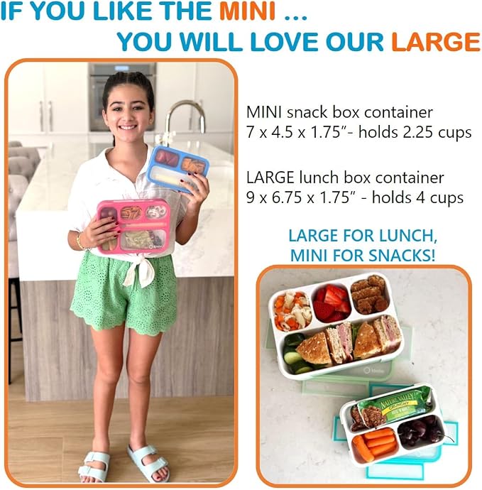 kinsho Snack Container Boxes for Kids Toddlers, 2 Pack Teal Blue & Orange | 3 Compartments, Leak-Proof, Spill Proof, BPA-Free Reusable Small Mini Bento Lunch Box for Daycare School Travel, Holds 2 Cups