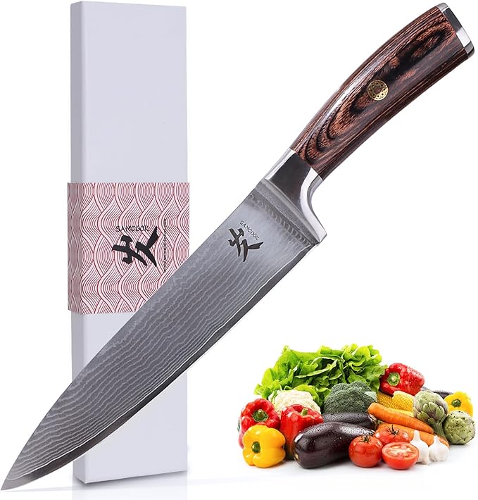 SAMCOOK Damascus Chef Knife - 8 Inch Professional Sharp Kitchen Knife, High Carbon Stainless Steel Meat Sushi Cutting Gyuto knife - Ergonomic Pakkawood Handle with Gift Box