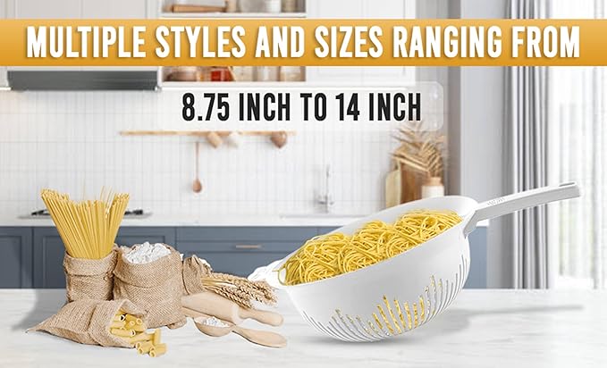 YBM Home 9.75 Inch Deep Plastic Strainer Colander with Long Handle – Made of Food Safe BPA-Free Plastic - Use for Pasta, Noodles, Spaghetti, Vegetables and More (1, Red)