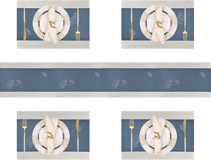 PIGCHCY Elegant Placemats with Matching Table Runner,Washable Durable Plastic Placemats for Dining Table Sets(6pcs Placemats+1pcs Table Runner, Blue)