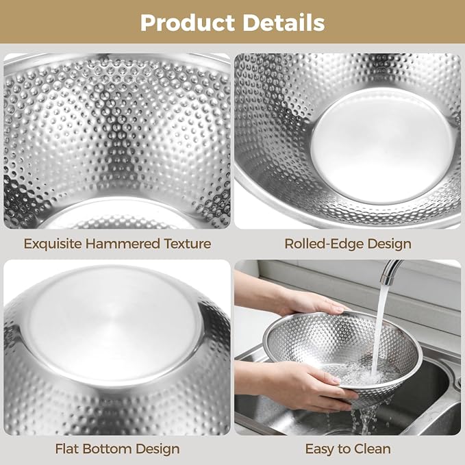 2 Pcs 13 Inch Silver Stainless Steel Salad Bowl Set, 4-Pc Utensil Set | Kitchen mixing bowls for salad, soup, prep, serving, and food storage; silver stainless steel look suits table setups