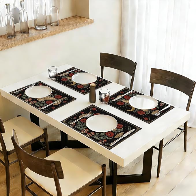 Black Poppy Moth Moon Placemats Set of 4, Floral Spring Table Mats | Outdoor Home Party Kitchen Dining Decor, Washable Non-Slip Heat Resistant Place Mats, Gothic Gifts for Women Mom Friend