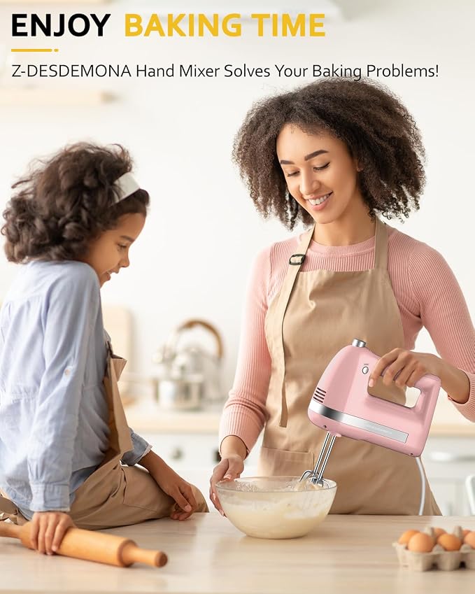 Electric Hand Mixer, Powerful Hand Mixer Electric Handheld with 304*(2*Beaters, 2*Dough Hooks),(1*Storage Bag) Hand Held Mixer with Turbo for Baking Cakes,Cream(Pink)