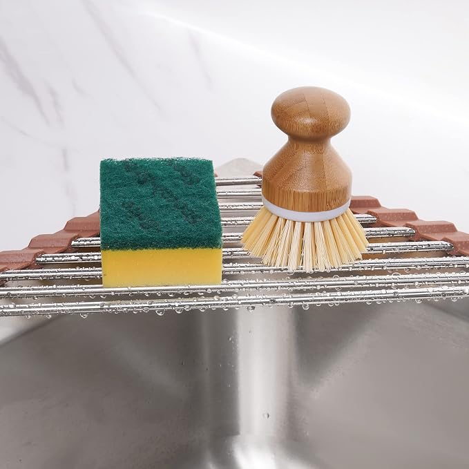 Tomorotec Triangle Roll-Up Dish Drying Rack for Sink Corner Small Foldable Stainless Steel Over The Sink Multipurpose Kitchen Drainer Caddy Trivet Rustproof Storage Shelf (Chocolate Brown) | BPA-Free Food-Grade Silicone Edges Foldable Waterproof Rustpr...