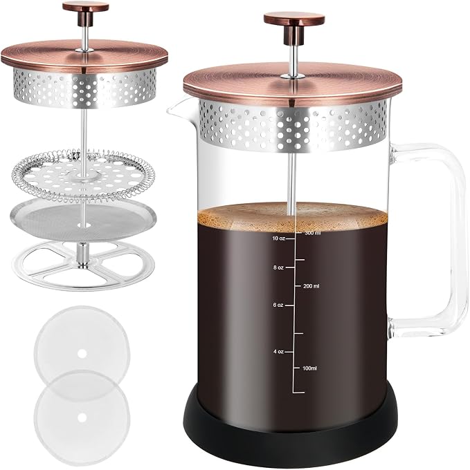 Mini French Press Coffee Maker-304 Stainless Steel Grilles, Borosilicate Glass Small Coffee Press,Non-slip Silicone Base-12 oz /350 ml with 2 Filter Screen-2 Cup Teapot
