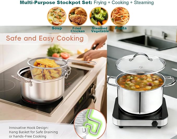 6L/6.4QT Deep Fryer Pot with Basket and Steamer Rack, Stainless Steel Stock Pot Cooking Pot for Pasta, Soup,Spaghetti, Chicken, Deep Cookware for Frying, Canning, Boiling, Simmering