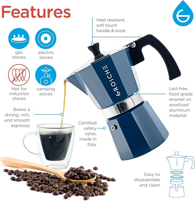 GROSCHE Milano Stovetop Espresso Maker Moka Pot 6 espresso Cup, 9.3 oz Blue | Cuban Coffee Maker And Italian Moka Pot For Stovetop Espresso; For Gas, Electric, And Propane Stoves With A Soft-Touch Handle