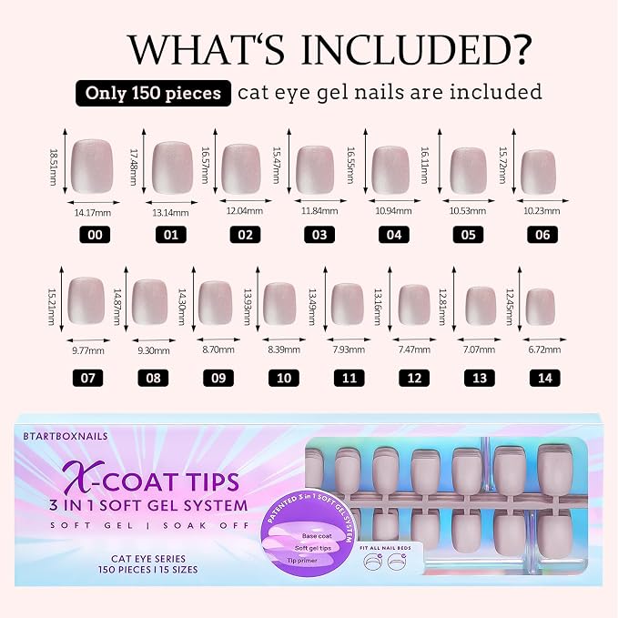 BTArtboxnails XCOATTIPS Cat Eye Press On Nails, Short Square, Falling Star | Lamp-Curable 4-Week Wear, Salon Quality Value at Home, Natural Nail Look, Easy-to-Apply for Beginners, 150ct Nail Tips Only