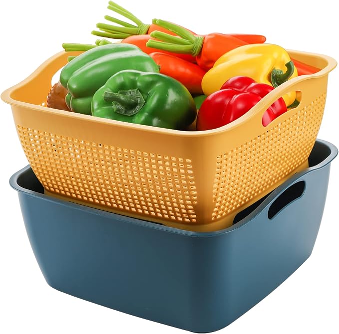 2 Pack 9 & 8 Quart Large Kitchen Strainer Colander Bowl Set, Double-Layer Plastic Fruits Vegetable Washing Basket, Drain Bowls for Cleaning Washing Mixing, Detachable (Blue, Orange)