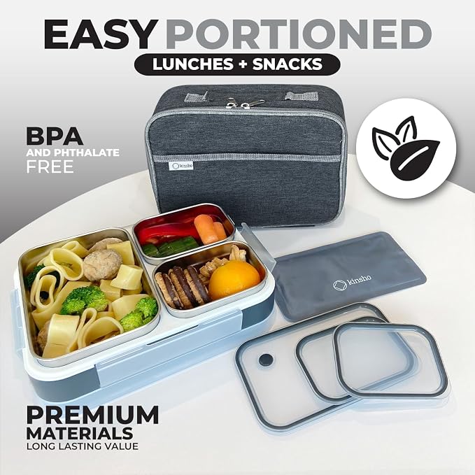 Stainless Steel Bento Lunch Box Set For Adults, Kids - Insulated Bag And Ice Pack - Large Leak-Proof Metal Compartment Meal Prep Food & Snack Containers For Work Travel School, 42 Oz Grey Black