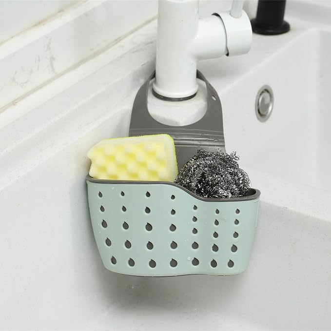 Kitchen Sink Caddy Sponge Holder Silicone Plastic Soap Holder Hanging Ajustable Strap Faucet Caddy with Drain Holes（2 Pack)