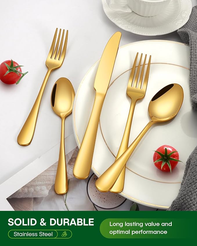PHILIPALA 40 Piece Gold Silverware Set, Stainless Steel Flatware Set for 8 Food Grade Novelty Flatware Cutlery Utensil Set Include Knife Fork Spoon Mirror Polished Dishwasher Safe