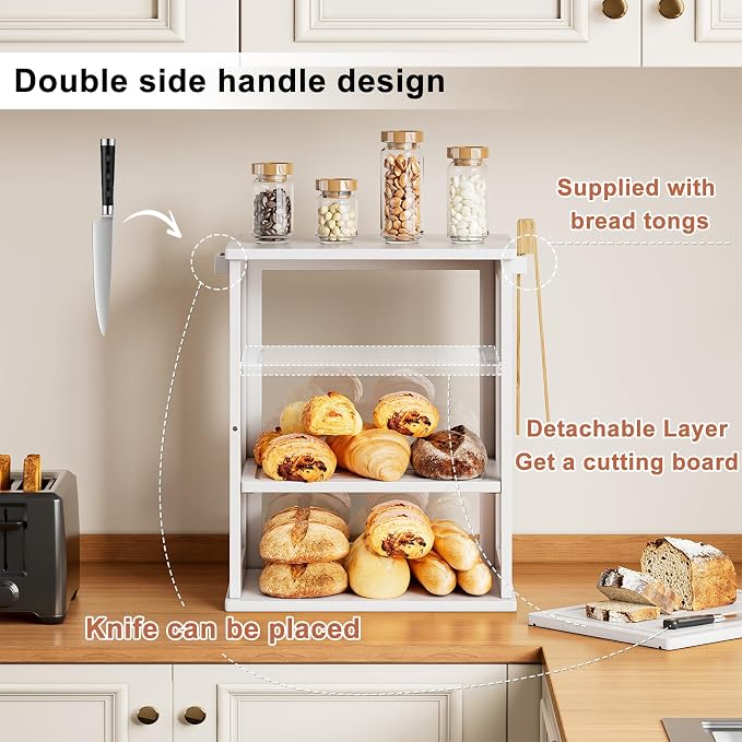 WOWLIVE Bread Box for Kitchen Countertop, 3 Layers Bread Storage Container | Large Bamboo Bread Bin for Homemade Bread with Window, Farmhouse Breadbox Organizer for Kitchen, Cabinet, White, Meduim