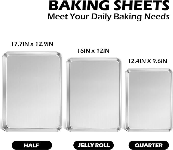 Leonyo Non-Toxic Stainless Steel Baking Sheet Pans For Cookies, 3 Pack | Commercial-Grade Metal 17IN Half/16IN Quarter/9x13IN Jelly Roll Sheet Pans, Toaster Oven Trays For Cookies, Dishwasher Safe