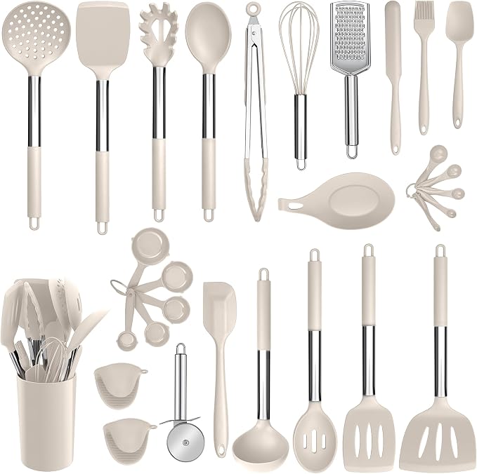 E-far Silicone Cooking Utensils Set, 30-Piece Khaki Kitchen Utensils Set | Heat Resistant Nonstick Cookware, Kitchen Tools Spatulas with Stainless Steel Handle, Spatulas Turner Tong Spoon Whisk Ladle