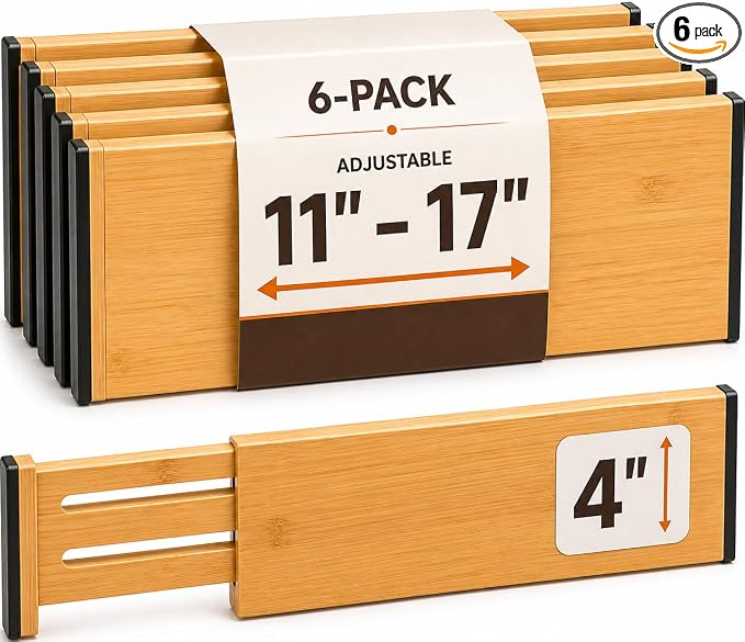 6-Pack Deep Drawer Dividers 4-Inch High Dresser Drawer Organizer, Bamboo | Adjustable 11.5-17 Inch Spring-Loaded Separators for Clothes, Utensils, Socks, Bedroom, Bathroom, Kitchen, Office, No Tools