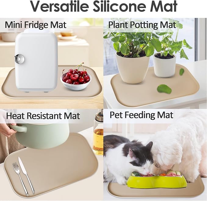 Silicone Coffee Maker Mat with Lip for Countertops, 17.4'' x 10.6'', Khaki | Multi leak-proof coffee tray for countertop, non-slip silicone mat fits most coffee makers & espresso machines, wipe-clean