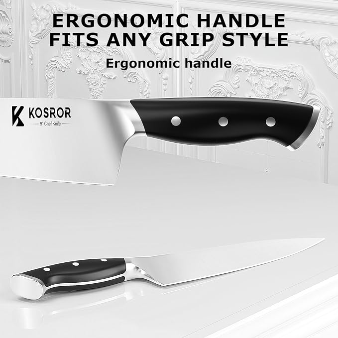 Kitchen Knife Set with Block & Dual Sharpener 15pc German Steel | Black full-tang ergo handle，For beginners. Dishwasher safe,easy to use，Covers 95% kitchen tasks，Gift box included