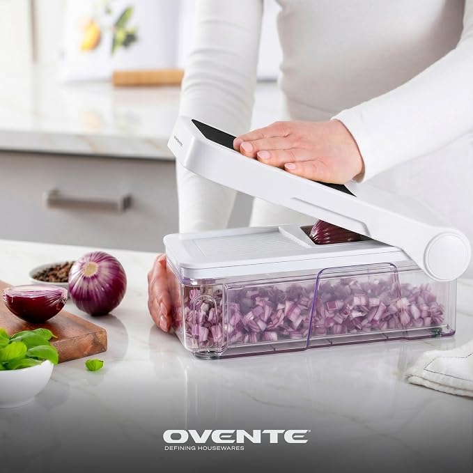 OVENTE 7-in-1 Vegetable Chopper and Mandoline Slicer, White MD71W | With 7 Interchangeable Blades and Safety Gloves, Multifunctional Kitchen Gadget for Fruit, Onion, Potato, Cucumber & More