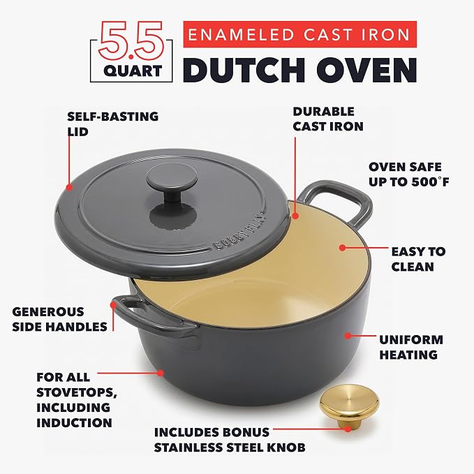 GreenPan x Bobby Flay 5.5QT Enameled Cast Iron Dutch Oven With Lid, Slate | Casserole Pot for Braising, Stews, Bread Baking & Searing, Self-Basting Lid, Induction Ready, Oven Safe To 500, Gold Lid Knob